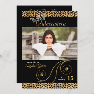 Gold and Black Cheetah Print Quinceanera Party Invitation