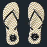 Gold and Black Chevron Monogram Flip Flops<br><div class="desc">Custom printed flip flop sandals with a stylish modern chevron pattern and your custom monogram or other text in a circle frame. Click Customise It to change text fonts and colours or add your own images to create a unique one of a kind design!</div>