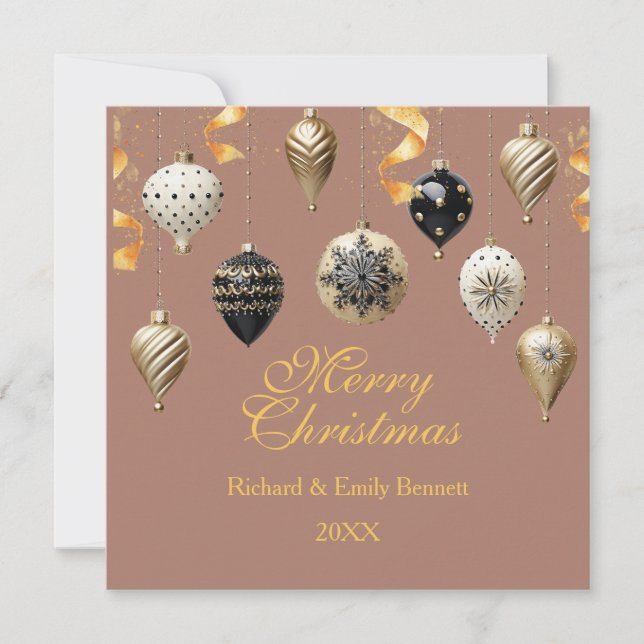 Gold and Black Christmas Baubles Holiday Card (Front)