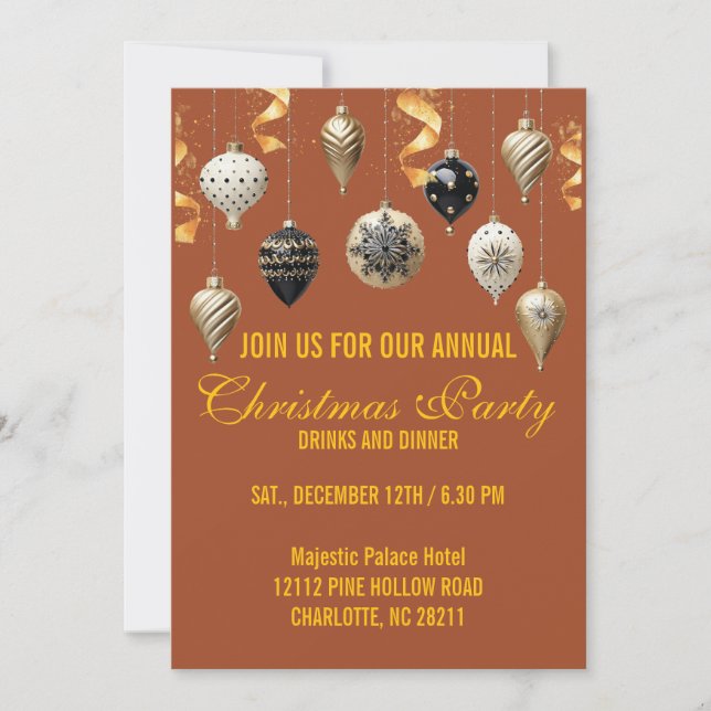 Gold and Black Christmas Baubles Invitation (Front)