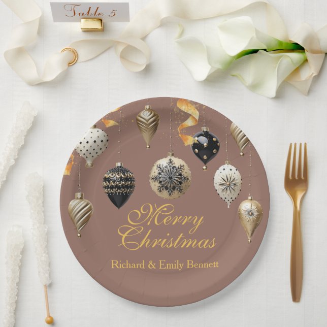 Gold and Black Christmas Baubles Paper Plate (Wedding)