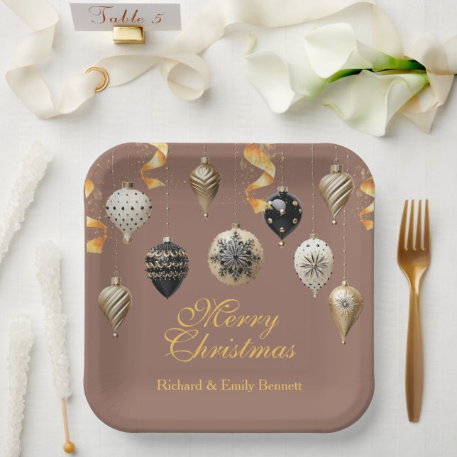 Gold and Black Christmas Baubles Paper Plate (Wedding)