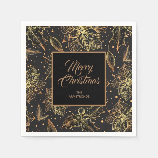 Gold and Black Christmas Floral Napkin (Front)