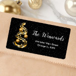 Gold and Black Christmas Ornament Label<br><div class="desc">This elegant and chic address label features a gold and black ribbon Christmas tree with baubles. The text combines handwritten script and modern sans serif fonts for a classy and sophisticated look. The falling snow, snowflakes and sparkles give a festive and magical touch. This is perfect for Christmas and the...</div>