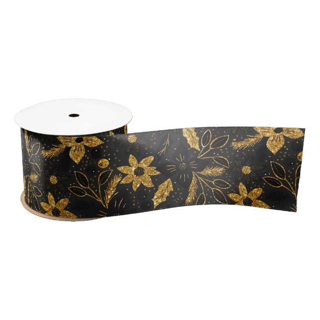 Gold and Black Christmas Poinsettia Flowers Satin Ribbon (Spool)