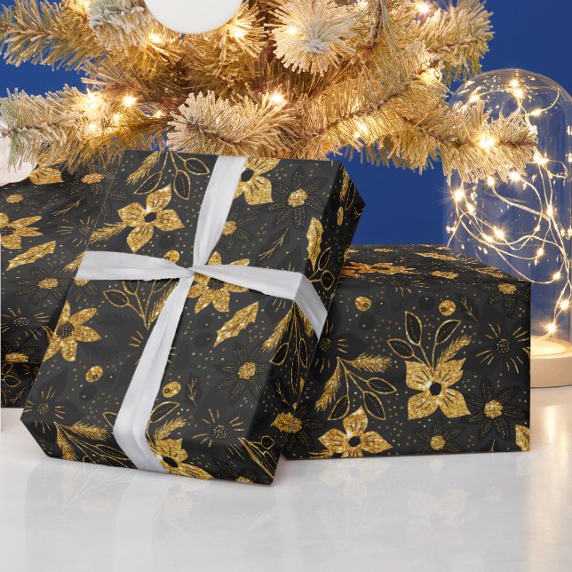 Gold and Black Christmas Poinsettia Flowers Wrapping Paper (Holidays)
