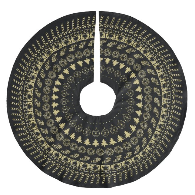 Gold and Black Circular Christmas Pattern Brushed Polyester Tree Skirt (Front)