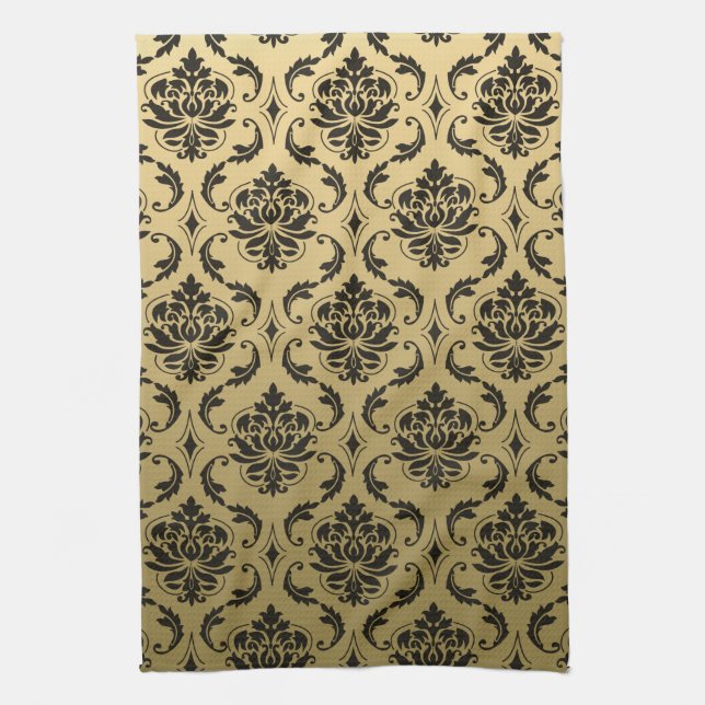 Gold and Black Classic Damask Tea Towel (Vertical)