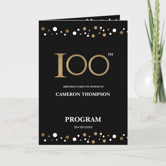 Gold and Black confetti 100th birthday program Programme (Front)
