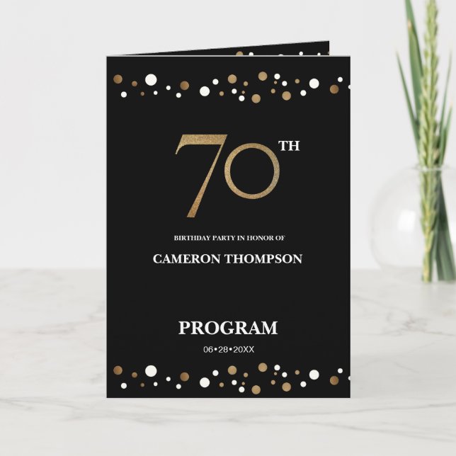 Gold and Black confetti 70th birthday program Programme (Front)