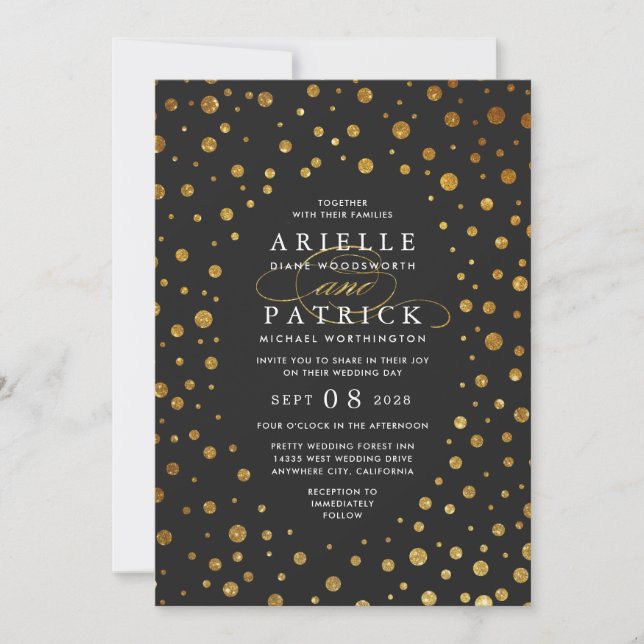 Gold and Black Confetti Foil Wedding Invitations (Front)