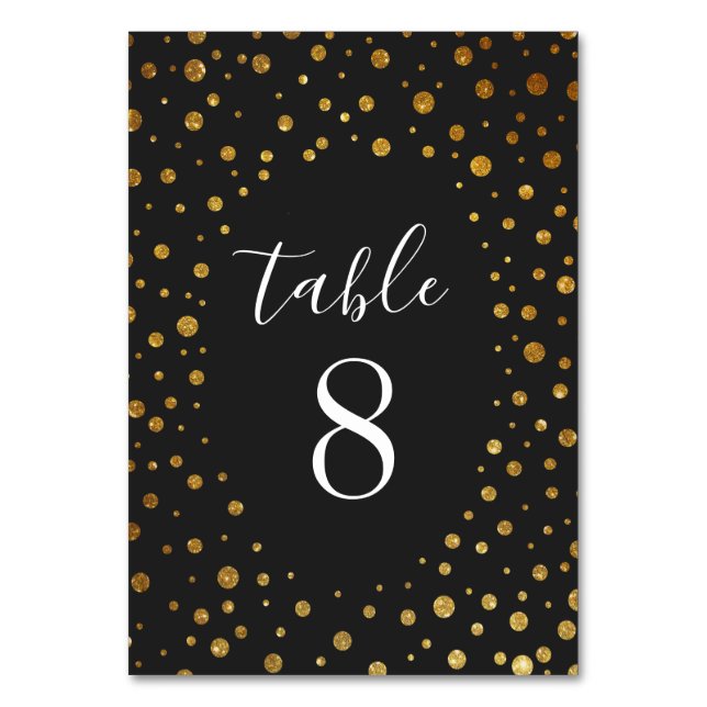 Gold and Black Confetti Wedding Table Number Cards (Front)