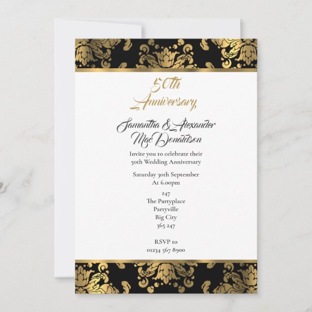 Gold and black damask 50th wedding anniversary invitation (Front)