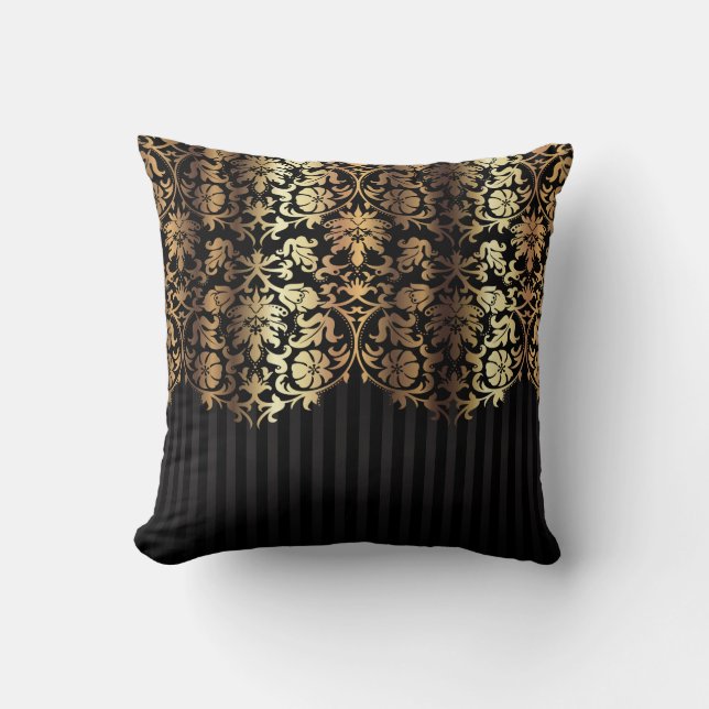 Gold and Black Damask and Stripes Cushion (Front)