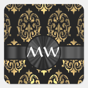 Gold and black damask monogrammed square sticker