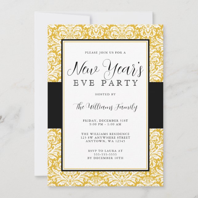 Gold and Black Damask New Years Eve Party Invitation (Front)