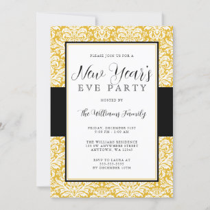 Gold and Black Damask New Years Eve Party Invitation