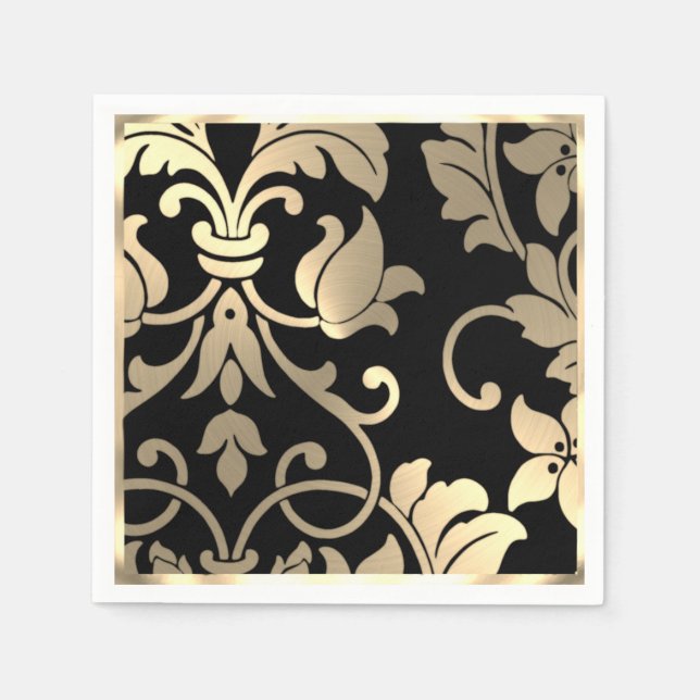 Gold and Black Damask Paper Napkins (Front)