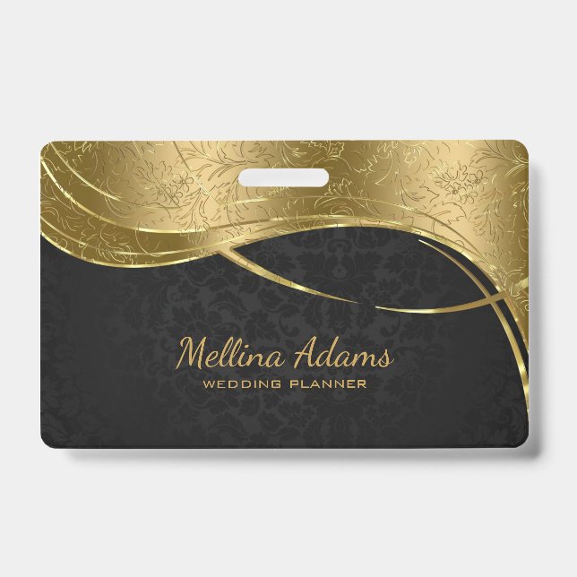 Gold And Black Damask Pattern ID Badge (Front)