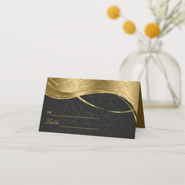 Gold And Black Damask Place Card (Front)