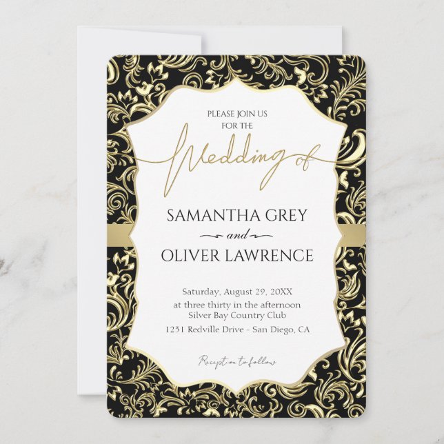 Gold and Black Damask Wedding Invitation (Front)
