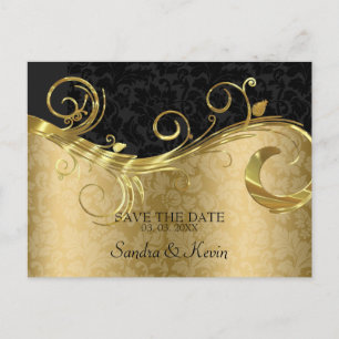 Gold And Black Damask With Swirl- Save The Date Announcement Postcard