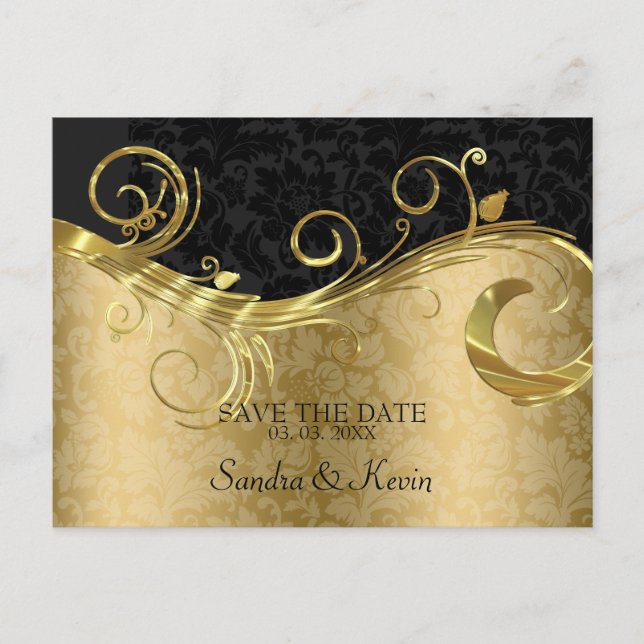 Gold And Black Damask With Swirl- Save The Date Announcement Postcard (Front)