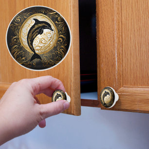 Gold and Black Dolphin Under Moonlight Ceramic Knob