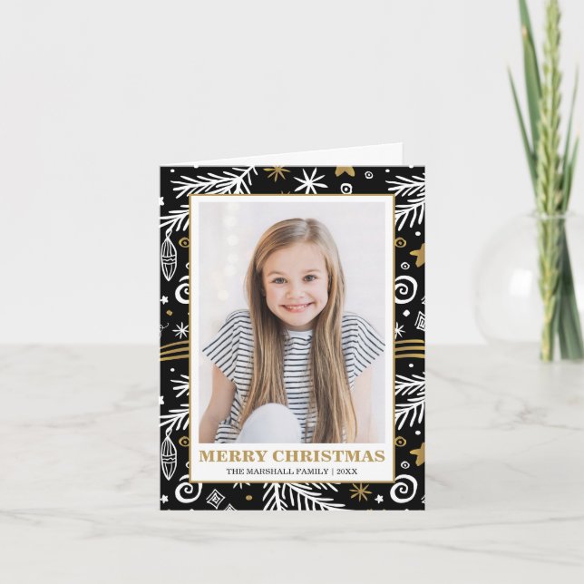 Gold and Black doodle pine photo holidays Invitation (Front)