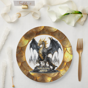 Gold and Black Dragon with Dragon Scale Border Paper Plate