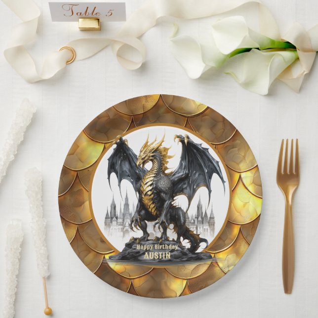 Gold and Black Dragon with Dragon Scale Border Paper Plate (Wedding)