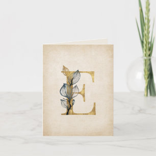 Gold and Black E Monogram With Leaves Note Card