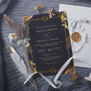 Gold and Black Elegant Budget QR Code Wedding Invitation