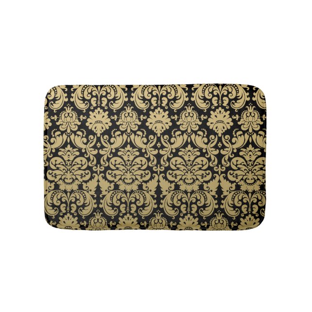 Gold and Black Elegant Damask Pattern Bath Mat (Front)