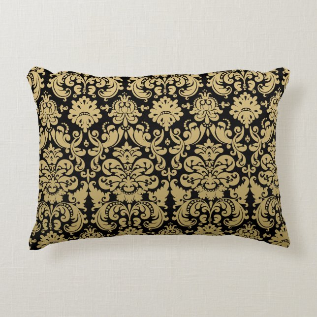 Gold and Black Elegant Damask Pattern Decorative Cushion (Front)