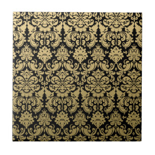 Gold and Black Elegant Damask Pattern Tile