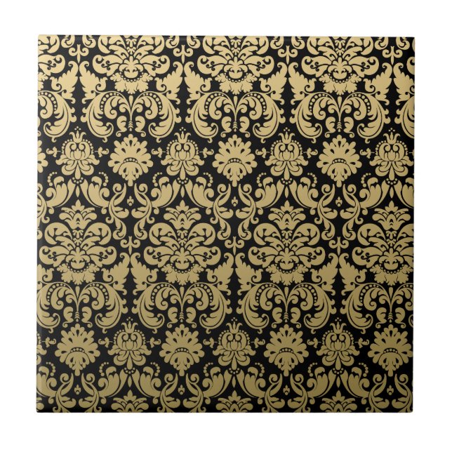 Gold and Black Elegant Damask Pattern Tile (Front)