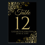 Gold and Black Elegant Filigree Wedding Table Number<br><div class="desc">Make your wedding reception beautiful with these table number cards. They feature a simple yet elegant design with gold text on a black background with a frilly gold faux foil floral filigree in the corners.</div>