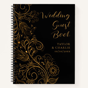 Gold and Black Elegant Floral Wedding Guest Book