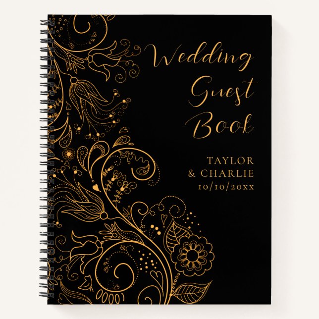 Gold and Black Elegant Floral Wedding Guest Book (Front)
