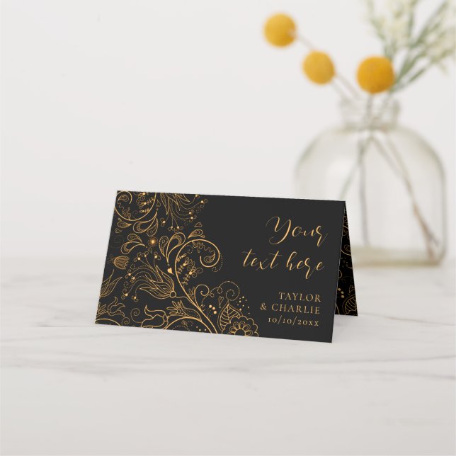 Gold and Black Elegant Floral Wedding Place Card (Front)
