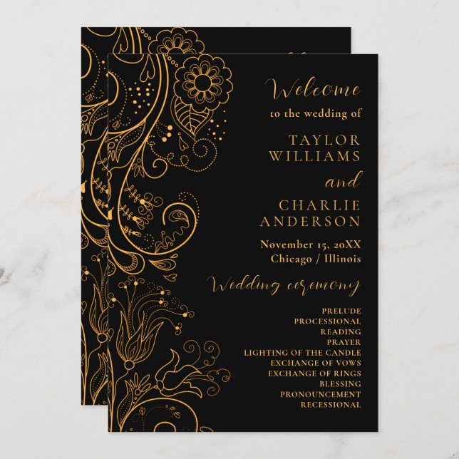Gold and Black Elegant Floral Wedding Program Programme (Front/Back)