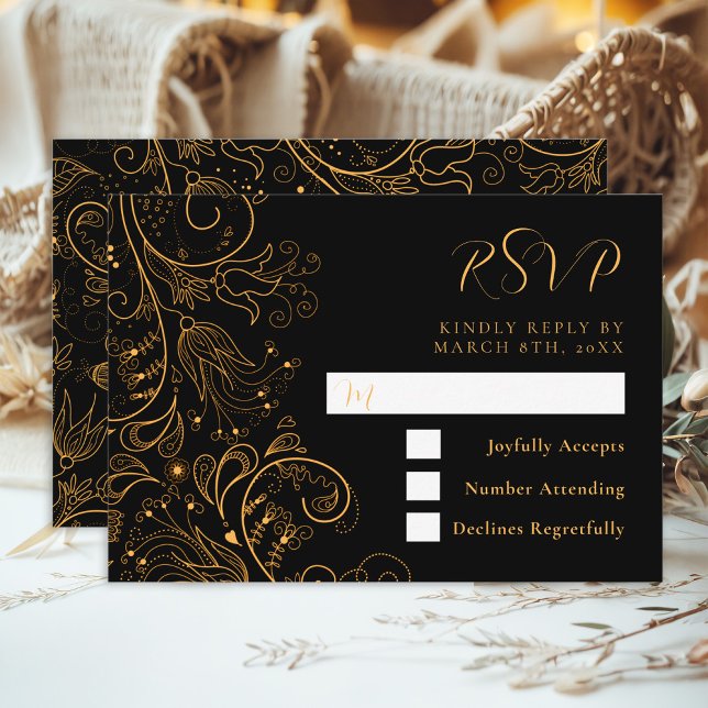 Gold and Black Elegant Floral Wedding RSVP Card (Creator Uploaded)