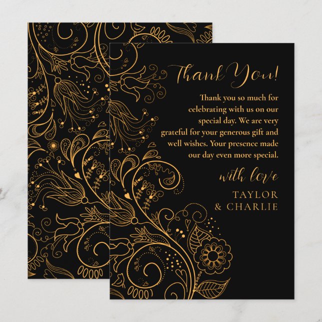 Gold and Black Elegant Floral Wedding Thank You Card (Front/Back)