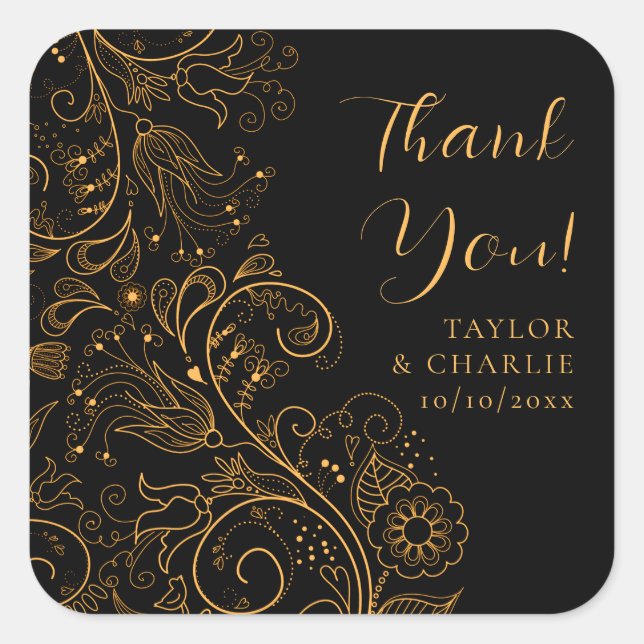 Gold and Black Elegant Floral Wedding Thank You Square Sticker (Front)