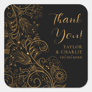Gold and Black Elegant Floral Wedding Thank You Square Sticker