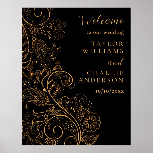 Gold and Black Elegant Floral Wedding Welcome Poster (Front)
