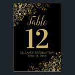 Gold and Black Elegant Frilly Wedding Table Number<br><div class="desc">These beautiful wedding table number cards feature a simple yet elegant design with gold script calligraphy on a black background with a frilly gold faux foil floral filigree in the corners. Perfect way to make your wedding reception beautiful and help your guests find the right table at the same time....</div>