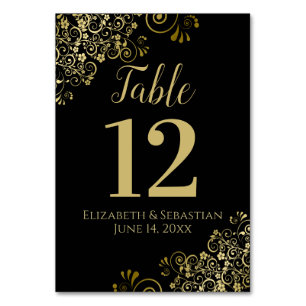 Gold and Black Elegant Frilly Wedding Table Number