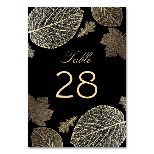 Gold and Black Fall Leaves Wedding Table Number (Front)